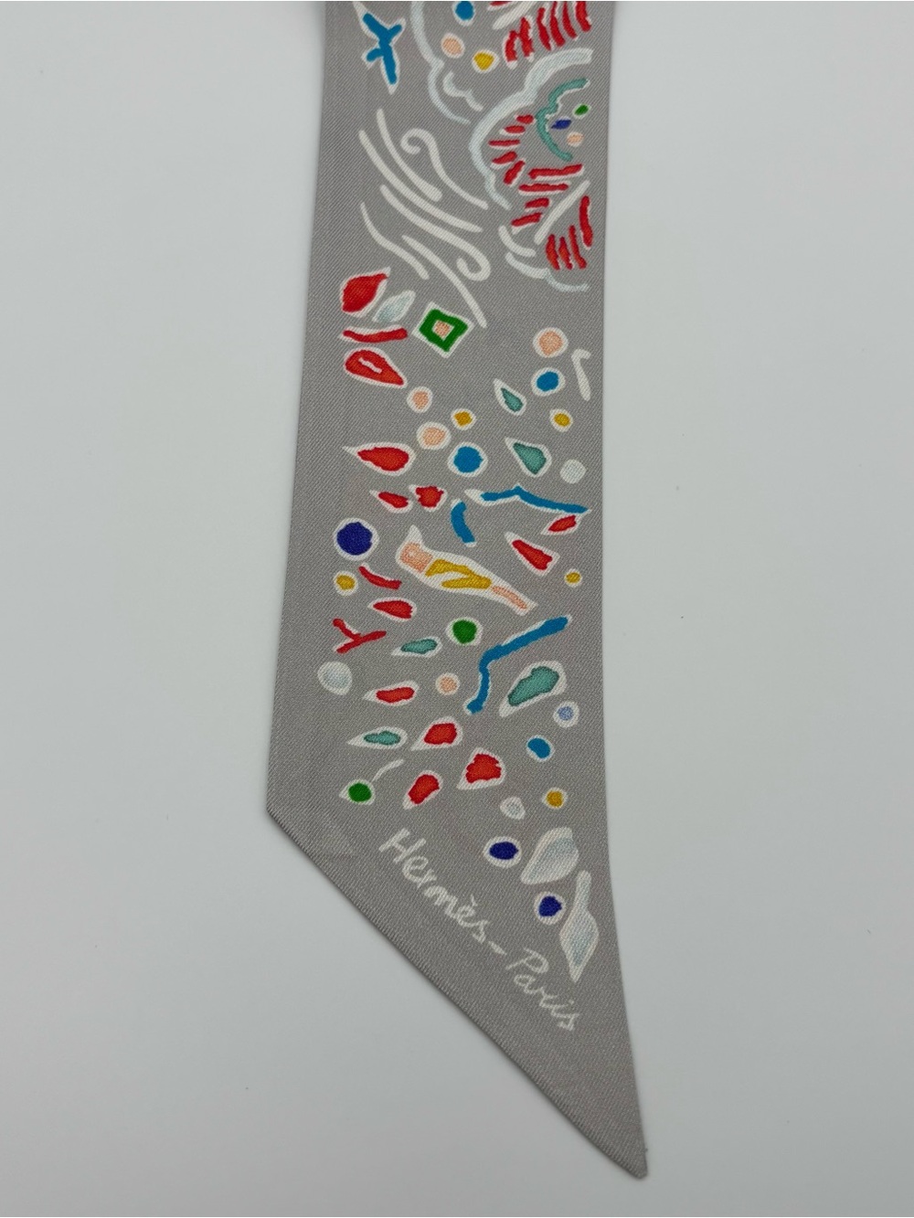 Hermes Isola Di Primavera Twilly Scarf Gris Perle Grenadine Multicolor - Picture 4 of 6